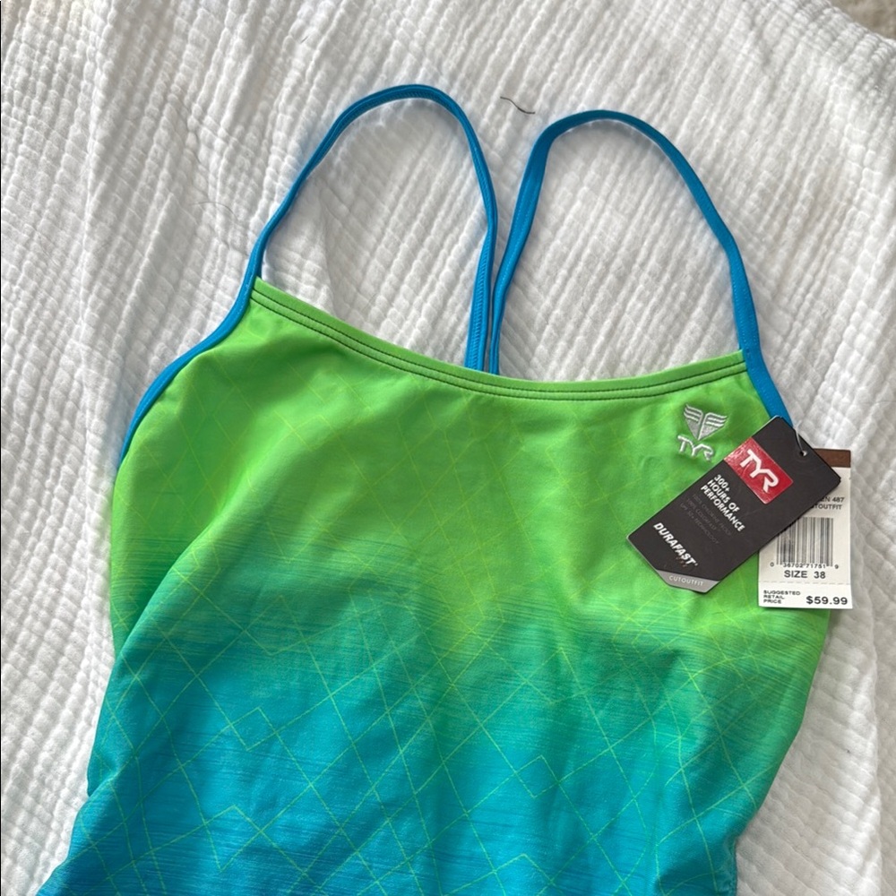 TYR Lime and Teal Swimsuit cut out back